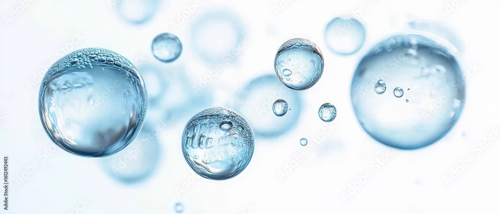 Poster close-up view of multiple transparent water bubbles floating against a soft blue and white blurred b