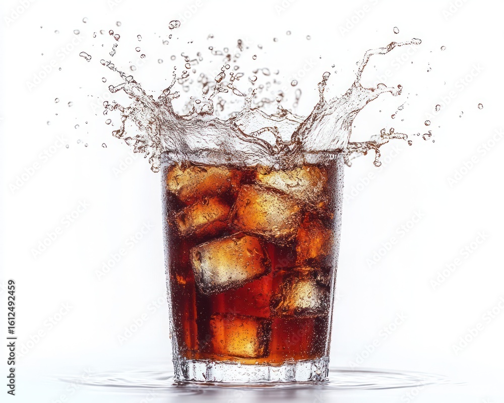 Poster cold beverage with ice cubes splashing in a transparent glass on white background showing refreshing