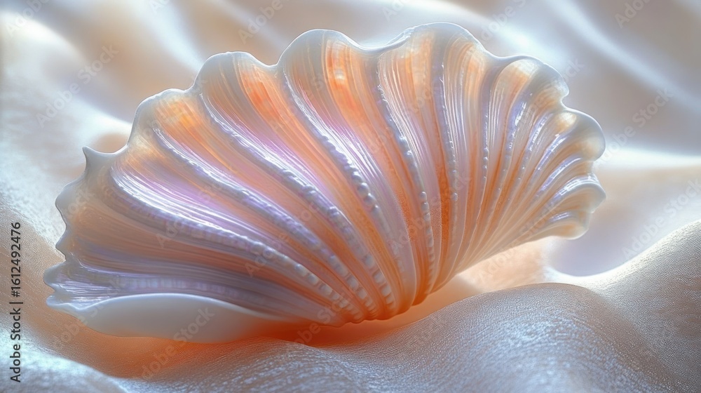 Poster close-up of an iridescent seashell resting on soft, smooth fabric with gentle lighting highlighting 