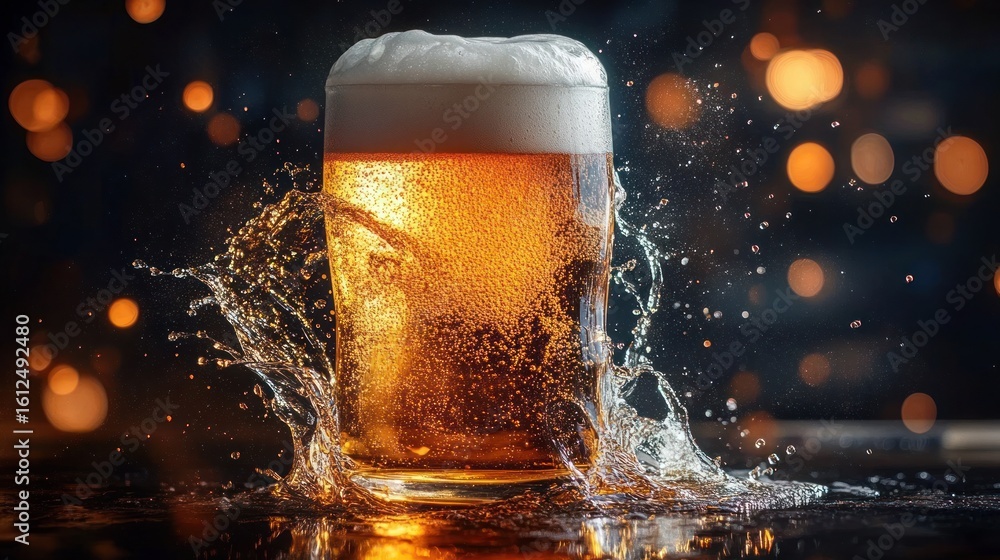 Poster refreshing cold beer with frothy head splashing in a glass against dark background with glowing boke