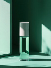 Sleek, minimalist perfume bottle with white cap stands elegantly against green background, casting soft shadow. modern design and calming color palette evoke sense of tranquility