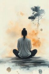 person sitting cross-legged on the ground facing a solitary tree with a calm and reflective atmosphere created by soft watercolor splashes