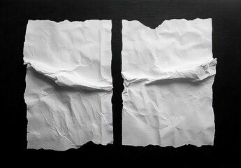 Two torn and wrinkled white paper sheets placed side by side on a black surface