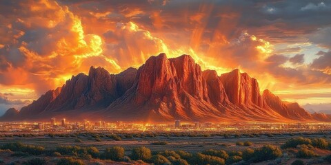 Majestic mountain range glowing with vibrant orange and yellow sunset rays above a sprawling cityscape and green vegetation in foreground under dramatic clouds