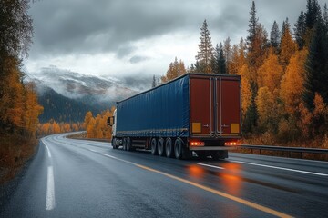 A large blue and orange semi-truck driving on a wet winding road surrounded by autumn trees with orange and yellow foliage under a cloudy sky and misty mountainous backdrop