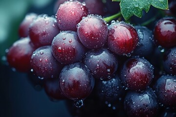 Close-up of fresh ripe grapes covered in water droplets with a green grape leaf in the background