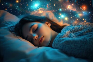 Peaceful young woman sleeping on pillow with glowing colorful cosmic stars and galaxies surrounding her head, evoking dreamlike and serene atmosphere