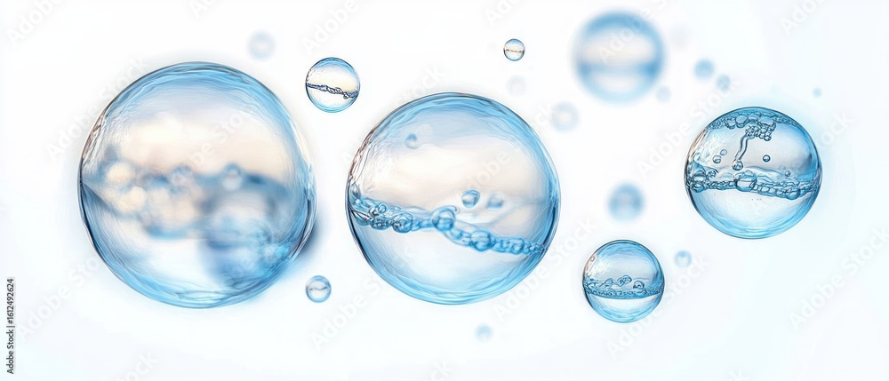 Poster close-up view of transparent blue water bubbles floating against a light background with reflections