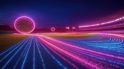 Glowing neon light trails in blue and pink on a baseball field at night with large illuminated spherical shapes and a stadium in the background creating a futuristic atmosphere