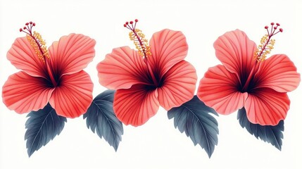 Three vibrant red hibiscus flowers with detailed petals and prominent yellow stamens aligned horizontally with dark green leaves on a white background