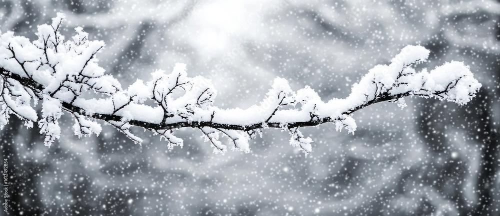 Poster close-up of a snow-covered tree branch with snowflakes falling gently in a blurred wintery backgroun