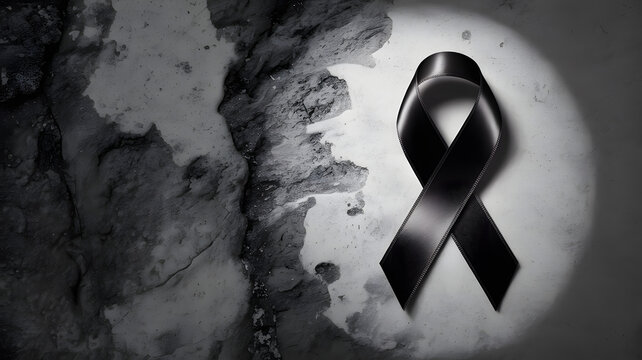 Elegant black ribbon symbolizing mourning, remembrance, and solidarity against a textured backdrop