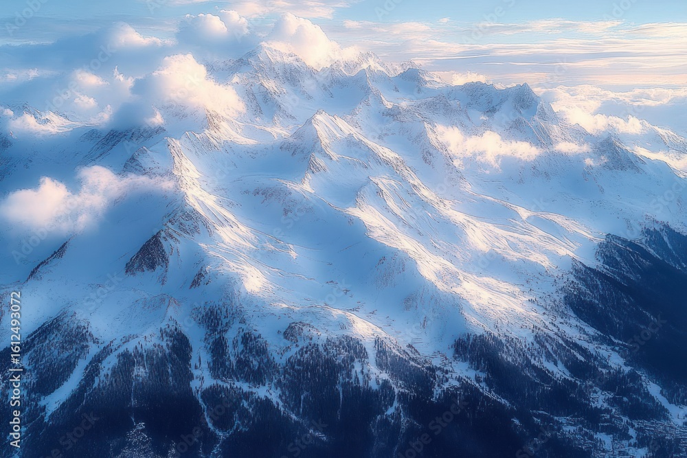 Aufkleber aerial view of a vast snow-covered mountain range with soft clouds floating around the peaks under a