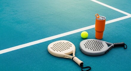 Padel rackets and an orange water bottle on a blue padel court, Sports equipment on a padel court ready for the next game