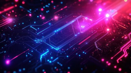 Obraz premium Close-up of a glowing neon printed circuit board with blue and pink light trails and dots creating a futuristic and dynamic digital atmosphere