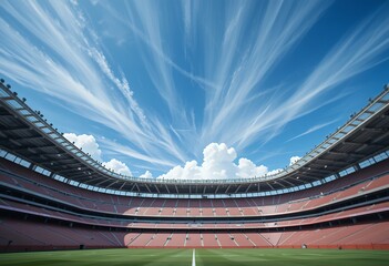 Wide angle view of empty modern stadium under dynamic vibrant sky with striking cloud patterns