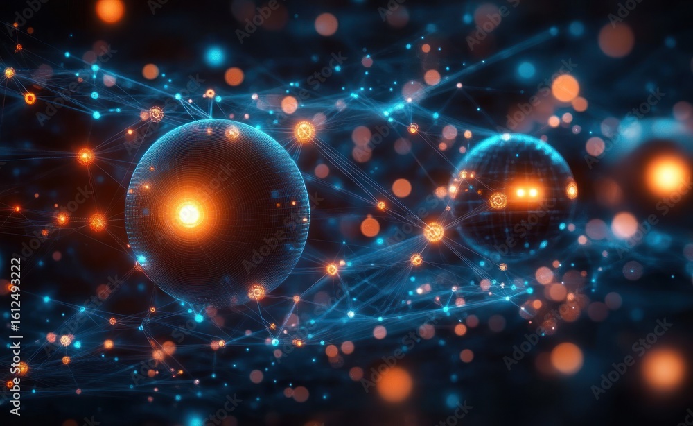 Poster glowing interconnected spheres with bright nodes and network lines in a dark abstract digital space 