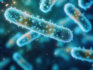 Fototapeta premium Close-up microscopic view of rod-shaped bacteria with detailed cell surface structures in a glowing bluish environment conveying a sense of scientific exploration and complexity