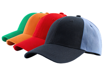 Four colorful baseball caps,  stacked.  Two-toned caps in vibrant shades of green, orange, red, and navy.  Classic design with adjustable back