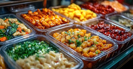 Obraz premium Variety of colorful prepared dishes in plastic trays displayed in a buffet style with vegetables, cooked meat, and sauces under bright lighting