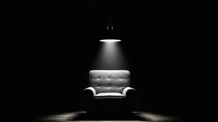 Coming soon.  A single armchair highlighted by a spotlight in a dark room