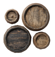 Four aged wooden barrel tops arranged in a cluster
