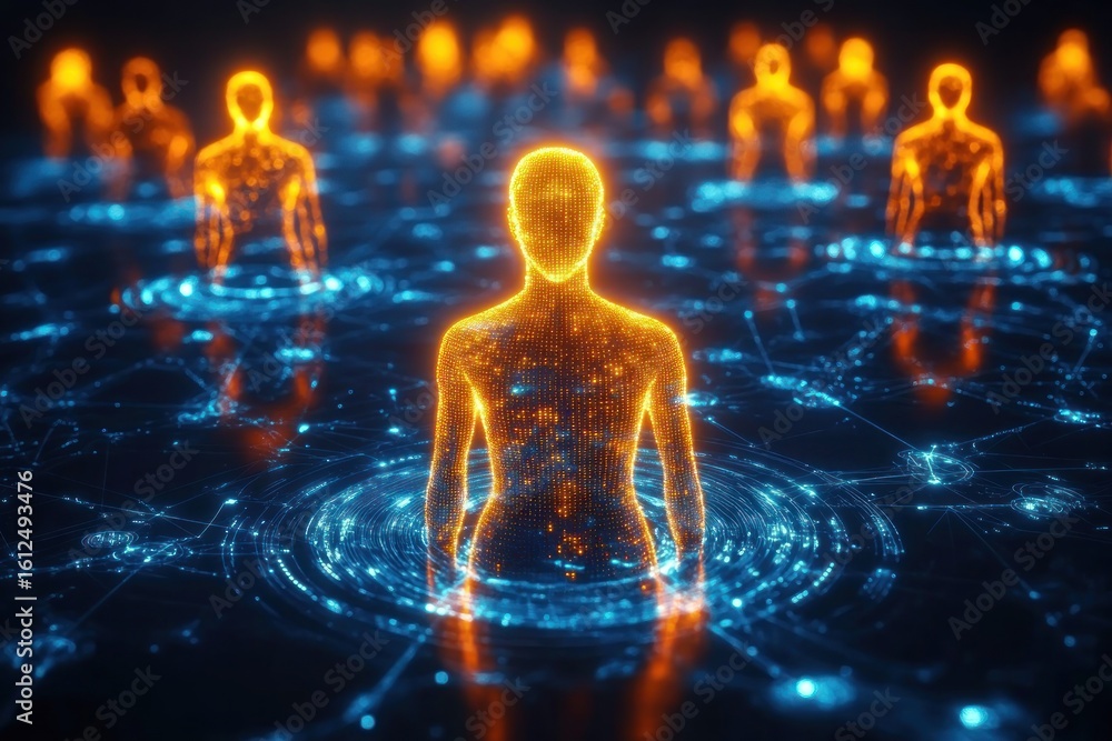 Poster glowing digital human figures interconnected through a network of blue luminous circuits symbolizing