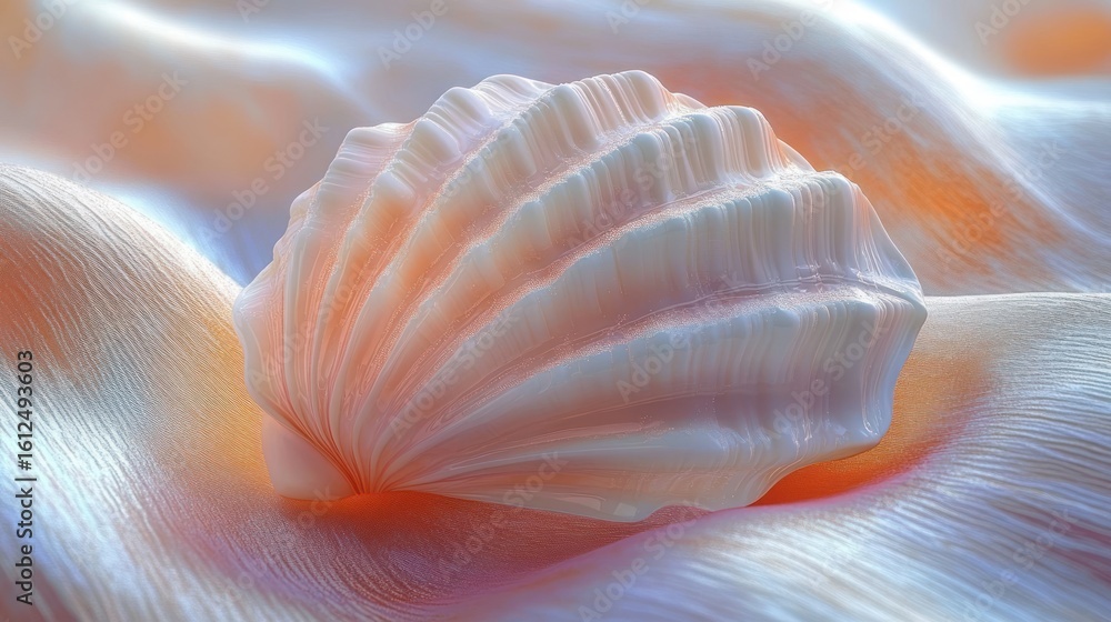 Aufkleber close-up of a smooth, iridescent scallop shell resting on soft, textured fabric with gentle light an