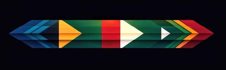 Fototapeta premium Abstract geometric arrow composed of layered multicolored shapes pointing right on a dark background conveying direction and movement