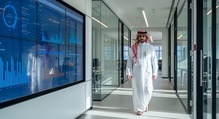 A businessman in traditional Middle Eastern attire walks down a modern hallway, passing large digital displays showing financial data.