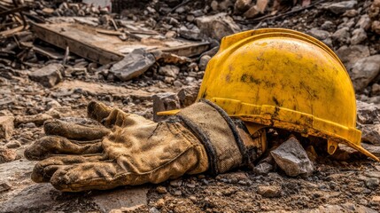 Injured construction worker’s gloved arm and yellow safety helmet lying on rubble and debris, highlighting danger, emergency, injury risk, and the importance of workplace safety and protection