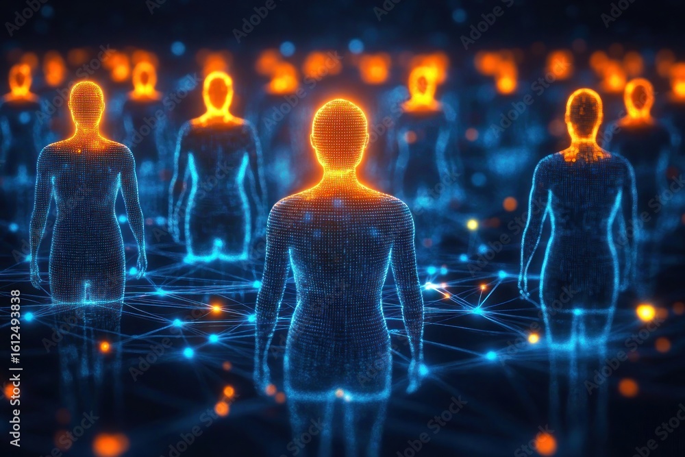 Poster glowing digital human figures connected by a network of blue and orange lights symbolizing data flow