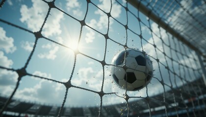 Dynamic close up of a soccer ball hitting the net in a stadium with bright sunlight and sky