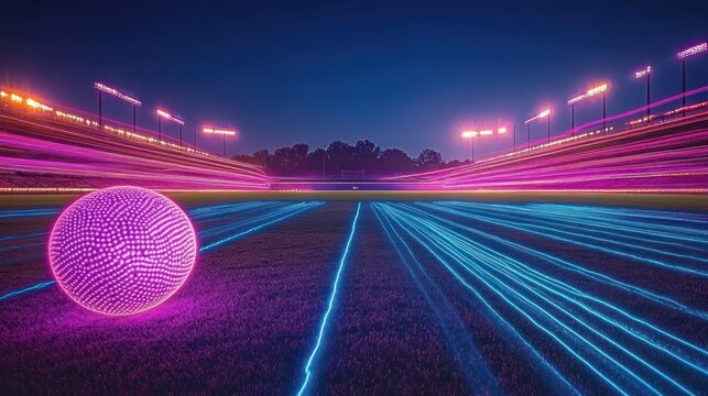 Futuristic sports field at night with neon glowing lines on the grass and a glowing pink spherical object, illuminated stadium lights and a dark sky