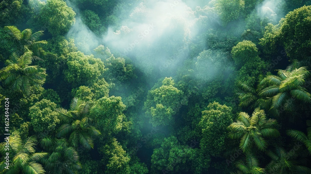 Poster aerial view of dense lush green forest with mist and sunlight filtering through the canopy creating 