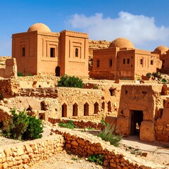 Ancient terracotta structures in a sun-drenched landscape