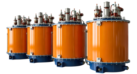 Industrial High-Voltage Transformers in Orange Housings
