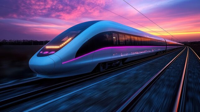sleek modern high-speed train moving rapidly along railway tracks at sunset with vibrant purple and orange sky