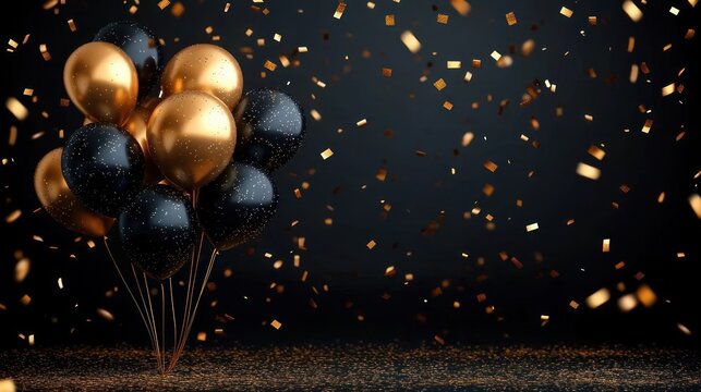 cluster of shiny black and gold balloons with glitter surrounded by falling gold confetti on dark background evoking celebration and festivity
