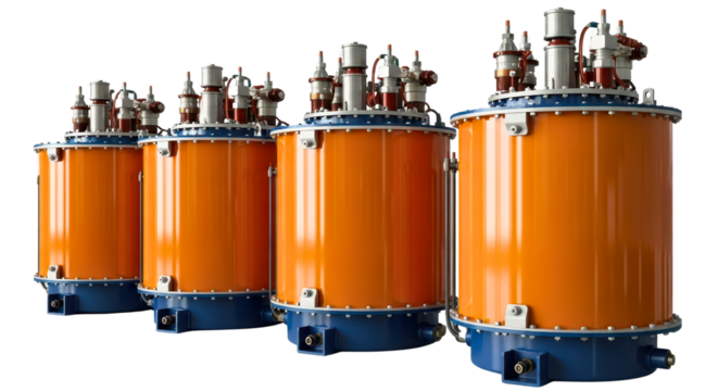 Industrial High-Voltage Transformers in Orange Housings
