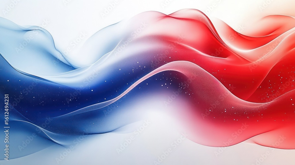 Poster abstract flowing waves in blue, white, and red colors blending smoothly with a soft gradient and tin