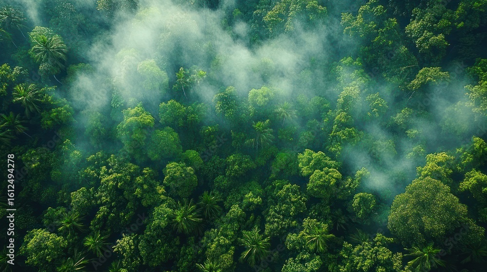 Aufkleber aerial view of dense tropical forest covered with light mist creating a serene and mysterious atmosp