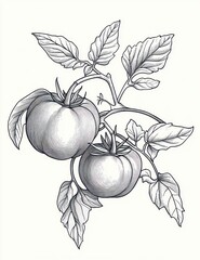 Detailed black and white botanical illustration of two ripe tomatoes attached to a stem with multiple veined leaves showcasing natural texture and shading