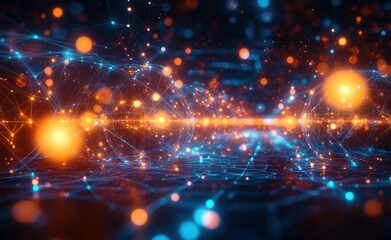 Glowing interconnected spheres and nodes with bright orange and blue light forming a network of digital or quantum energy connections on a dark background