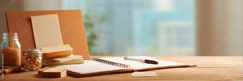 Poster goal tracker and study desk setup with corkboard in an organized workspace featuring soft background
