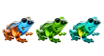 Naklejka premium Colourful Glass Frog Figurines in Row on White 