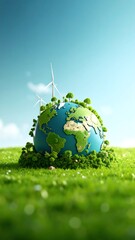 Earth in a grassy field with wind turbines
