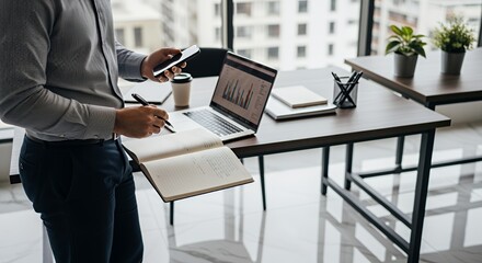 A focused professional works at a modern desk using a laptop, phone, and notebook, taking notes and reviewing data.