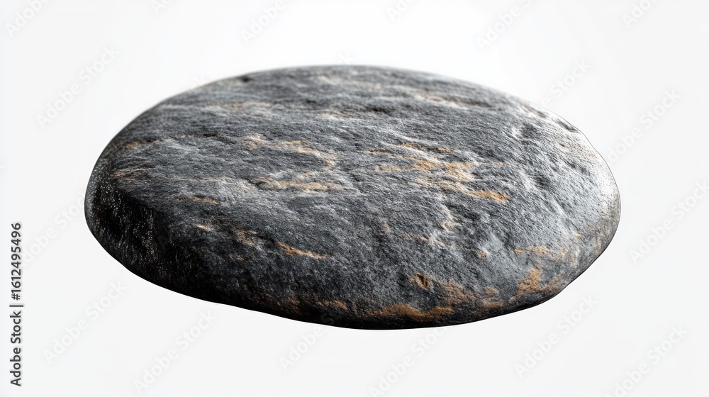 Poster close-up of a single smooth flat dark stone with textured surface isolated on white background