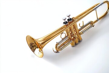 Obraz premium Shiny brass trumpet with three valves lying on a white surface highlighting its reflective golden finish and intricate tubing